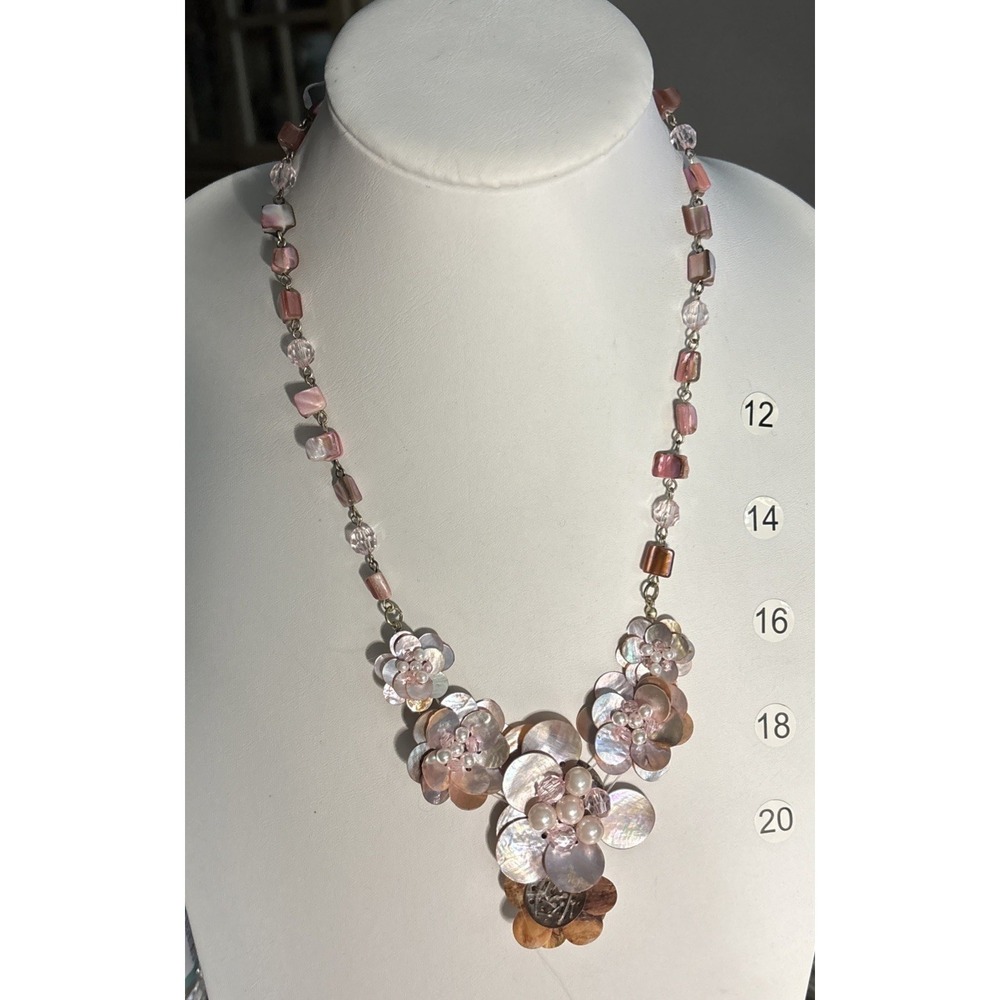 Pink Mother of Pearl Shell Flower Statement Necklace Beaded Floral Bib Boho
